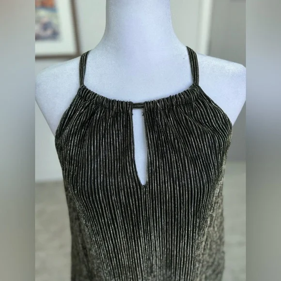 Metallic Black Gold Pleated Halter Top Sheer Overlay Date Night Party XS - Picture 5 of 12
